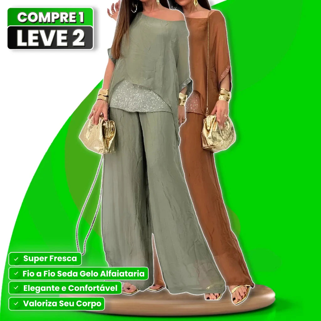 [Pague 1, Leve 2] Conjunto Feminino Calça e Blusa de Seda Gelo Georgina (Super Fresquinha e Elegante!)